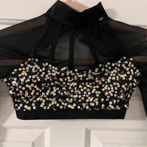 Weissman NWOT child medium half top black mesh with gold sequin costume jazz